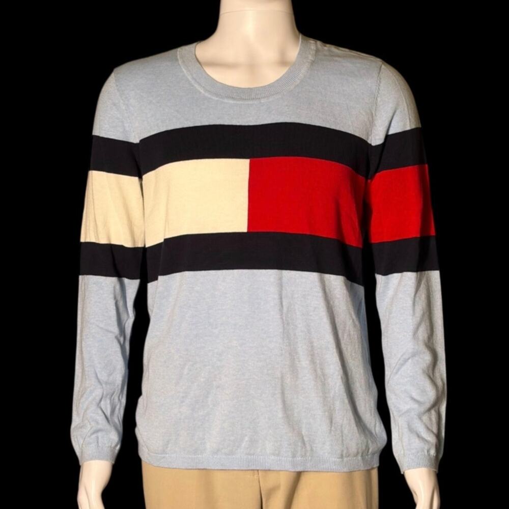 Tommy Hilfiger Cotton Flag Logo Light Blue Scoop Neck Sweater Men’s Large NWT